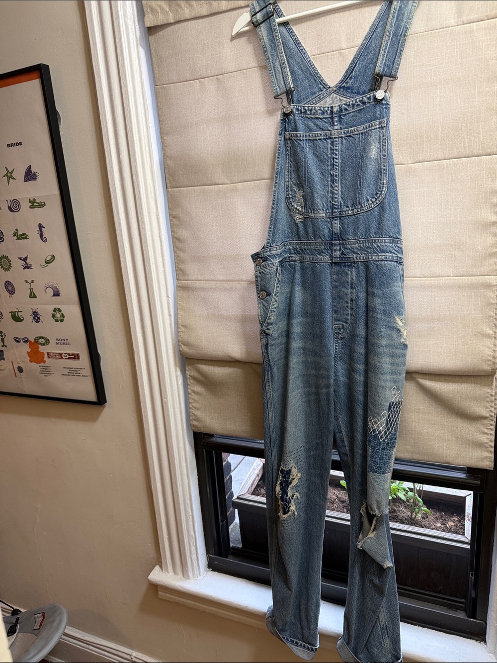 Free People Light Blue Distressed Denim Overalls